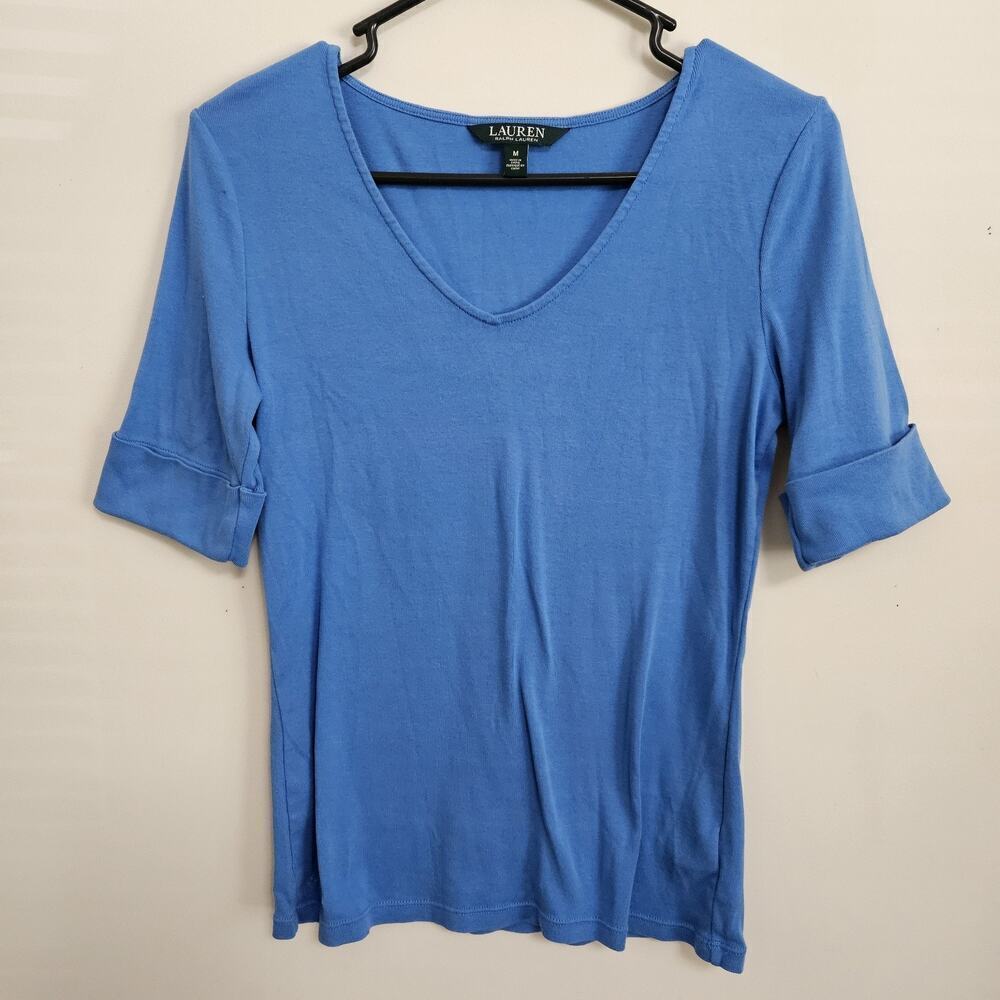 Lauren Ralph Lauren T Shirt Knit Top Blue Cuffed Short Sleeved Size M